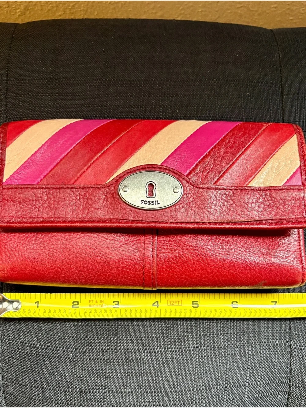Fossil Red Leather Clutch with Pink and Cream Diagonal Stripes